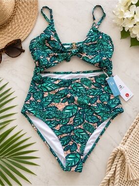 CUPSHE NWT Tropical Leaf Print Cutout One Piece Swimsuit Green Peach High Cut L